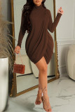 Brownness Sexy Solid Patchwork Asymmetrical Turtleneck Long Sleeve Dresses