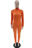 Red Sexy Solid Hollowed Out Patchwork Turtleneck Long Sleeve Two Pieces