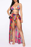 Colour Fashion Sexy Print Backless Strap Design Swimwears Three-piece Set
