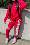 Red Street Print Patchwork Hooded Collar Long Sleeve Two Pieces