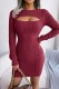 Burgundy Casual Solid Hollowed Out Patchwork O Neck Long Sleeve Dresses