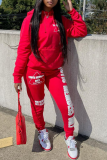 Red Street Print Patchwork Hooded Collar Long Sleeve Two Pieces