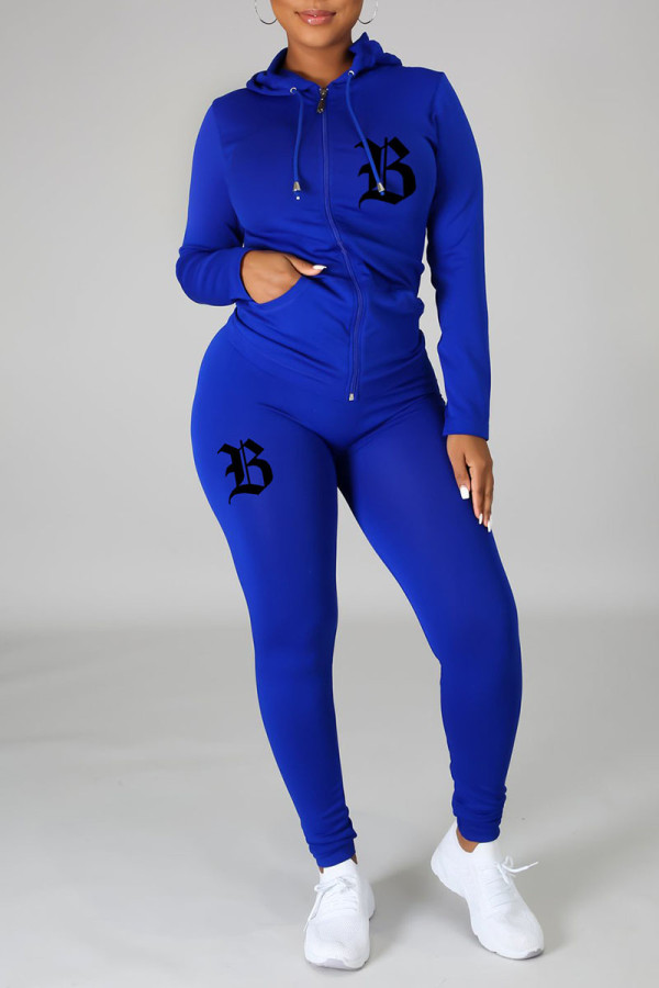 Blue Casual Print Patchwork Zipper Hooded Collar Long Sleeve Two Pieces