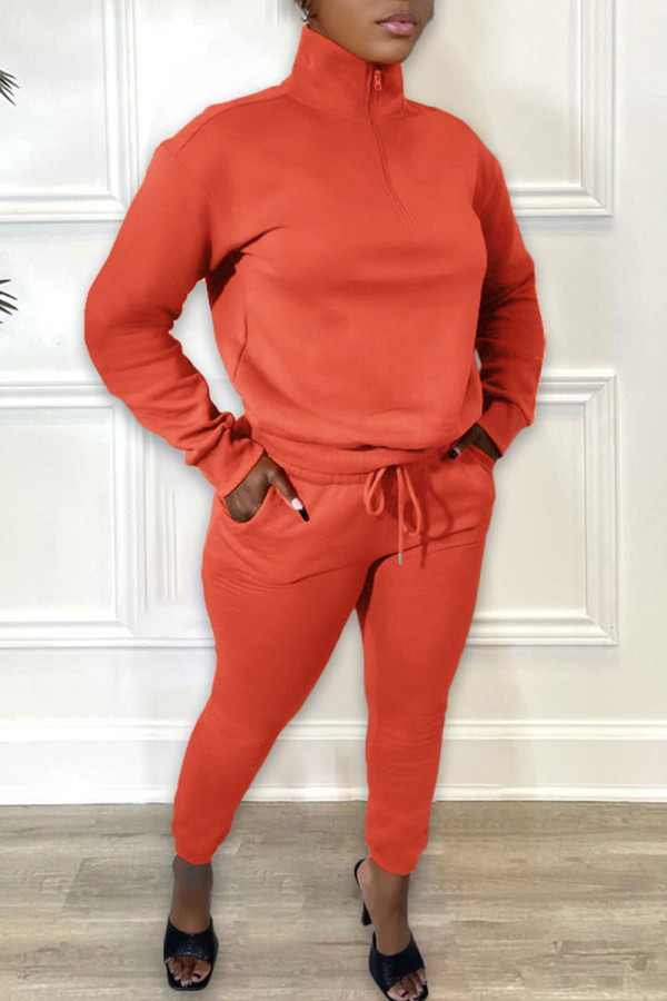 Orange Red Casual Solid Patchwork Zipper Collar Long Sleeve Two Pieces