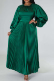Rose Red Casual Solid Patchwork O Neck Long Sleeves Pleated Dresses (Without Belt)
