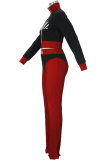 Red Street Print Patchwork Zipper Collar Long Sleeve Two Pieces