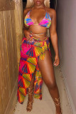 Colour Fashion Sexy Print Backless Strap Design Swimwears Three-piece Set
