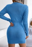 Blue Casual Solid Hollowed Out Patchwork O Neck Long Sleeve Dresses