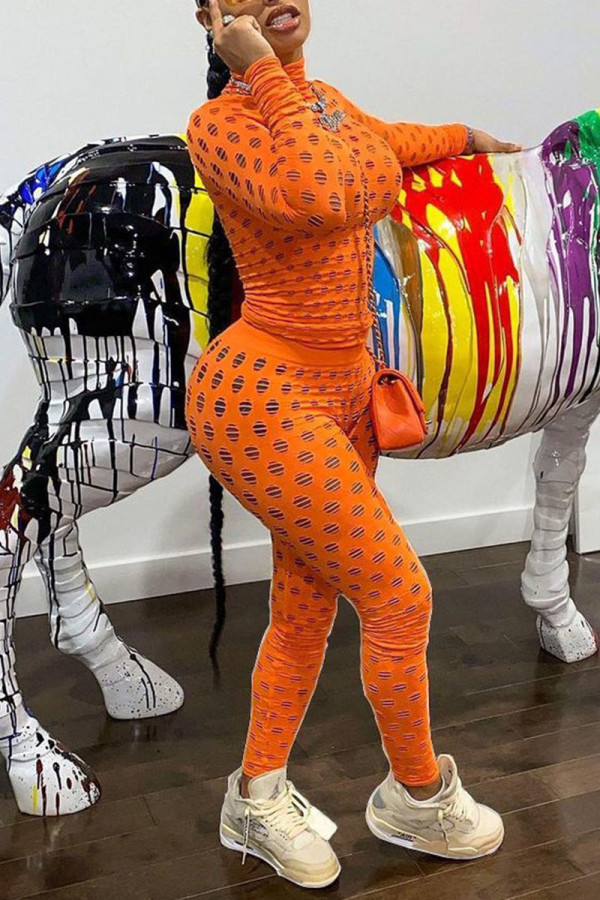 Orange Sexy Solid Hollowed Out Patchwork Turtleneck Long Sleeve Two Pieces