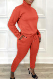 Orange Red Casual Solid Patchwork Zipper Collar Long Sleeve Two Pieces