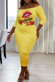 Yellow Black Casual Print Basic Off the Shoulder Wrapped Skirt Plus Size Dresses (Without Belt)