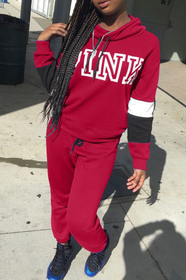 Red Casual Street Print Patchwork Hooded Collar Long Sleeve Two Pieces