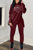 Wine Red Casual Letter Patchwork Hooded Collar Long Sleeve Two Pieces