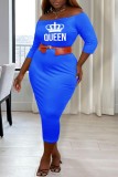 Blue Casual Print Basic Off the Shoulder Wrapped Skirt Plus Size Dresses (Without Belt)