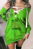 Cyan Green Casual Print Bandage Hollowed Out Patchwork V Neck T-shirt Dress Dresses