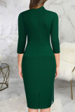 Green Casual Solid Patchwork Flounce Fold O Neck Dresses