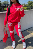 Red Street Print Patchwork Hooded Collar Long Sleeve Two Pieces