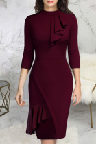 Burgundy Casual Solid Patchwork Flounce Fold O Neck Dresses