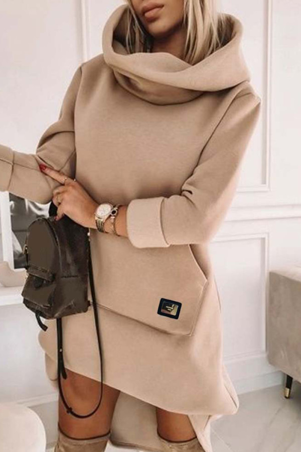 Khaki Casual Solid Patchwork Turtleneck Long Sleeve Dresses