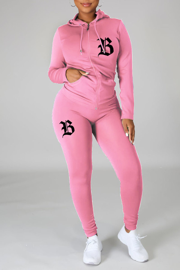 Pink Casual Print Patchwork Zipper Hooded Collar Long Sleeve Two Pieces