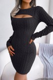 Blue Casual Solid Hollowed Out Patchwork O Neck Long Sleeve Dresses