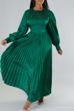 Rose Red Casual Solid Patchwork O Neck Long Sleeves Pleated Dresses (Without Belt)