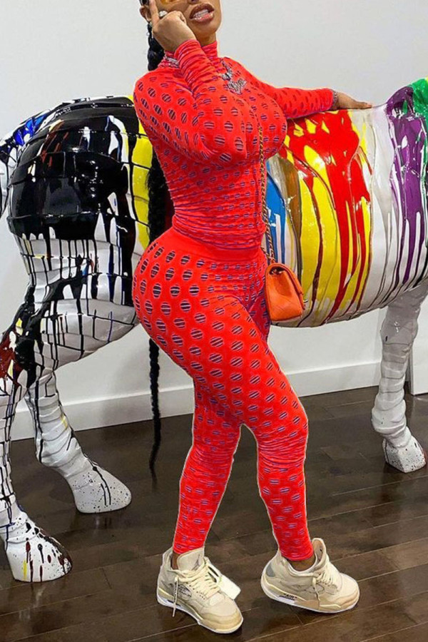 Red Sexy Solid Hollowed Out Patchwork Turtleneck Long Sleeve Two Pieces