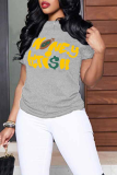 Grey Daily Simplicity Print Patchwork Letter O Neck T-Shirts