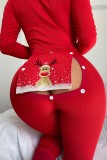 Red Sexy Living Print Hollowed Out Draw String V Neck Skinny Jumpsuits