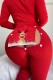 Red Sexy Living Print Hollowed Out Draw String V Neck Skinny Jumpsuits