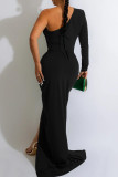Black Sexy Solid Patchwork Fold Oblique Collar Long Dress Dresses