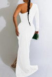White Sexy Solid Patchwork Fold Oblique Collar Long Dress Dresses
