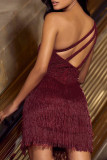 Burgundy Sexy Solid Tassel Embroidered Patchwork Backless Oblique Collar One Shoulder Dress Dresses