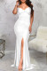 White Elegant Solid Patchwork Slit Fold V Neck Evening Dress Dresses