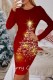 Dark Red Casual Print Basic O Neck Long Sleeve Dresses
