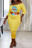 Blue Sexy Print Letter Without Belt Off the Shoulder One Step Skirt Plus Size Dresses(Without Belt)