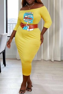 Yellow Sexy Print Letter Without Belt Off the Shoulder One Step Skirt Plus Size Dresses(Without Belt)