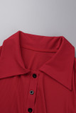 Red Sexy Solid Patchwork Buckle Slit Turndown Collar One Step Skirt Dresses