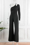 Pink Casual Elegant Solid Patchwork Asymmetrical Oblique Collar Straight Jumpsuits