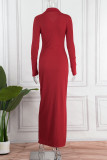 Red Sexy Solid Patchwork Buckle Slit Turndown Collar One Step Skirt Dresses