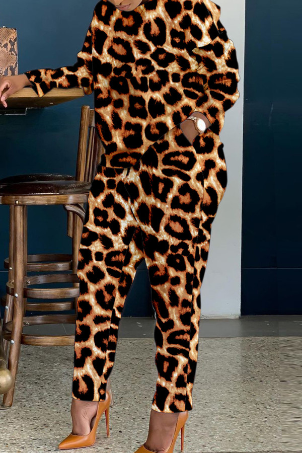 Leopard Print Casual Print Patchwork O Neck Long Sleeve Two Pieces