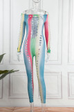 Colour Sexy Print Bandage Hollowed Out Patchwork Off the Shoulder Skinny Jumpsuits