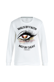 White Casual Street Eyes Printed Patchwork Letter O Neck Tops