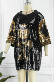 Black Street Patchwork Sequins O Neck Straight Dresses
