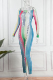 Colour Sexy Print Bandage Hollowed Out Patchwork Off the Shoulder Skinny Jumpsuits