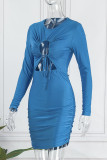 Blue Sexy Solid Bandage Hollowed Out Patchwork O Neck Pencil Skirt Dresses