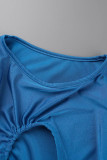 Blue Sexy Solid Bandage Hollowed Out Patchwork O Neck Pencil Skirt Dresses