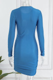 Blue Sexy Solid Bandage Hollowed Out Patchwork O Neck Pencil Skirt Dresses