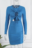 Blue Sexy Solid Bandage Hollowed Out Patchwork O Neck Pencil Skirt Dresses