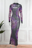 Black Sexy Print Mesh Half A Turtleneck Pencil Skirt Dresses